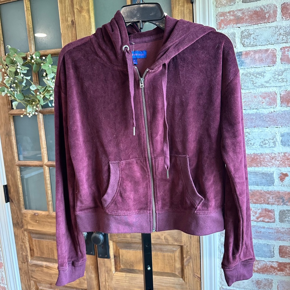 Aeropostale Hoodie Women Medium Maroon Velour Full‎ Zip Long Sleeve Soft Cozy